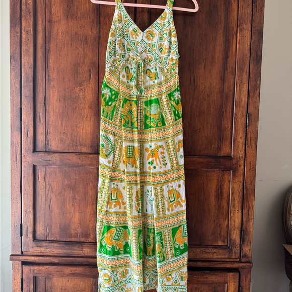 Vintage Scarf Midi Dress Cotton Elephant Print Orange Green Small Farm Rio - Picture 7 of 7